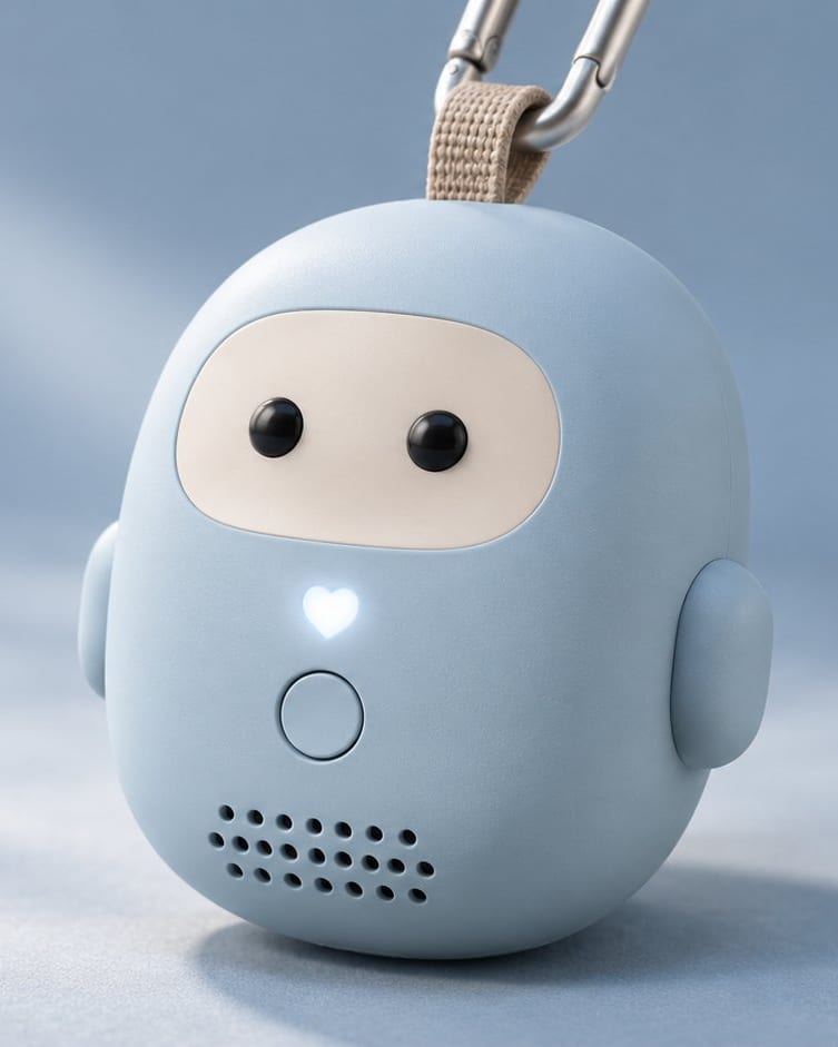 Render close-up of Hamrah: a rounded powder-blue toy with a cream face, two dark eyes, small arms and a white heart motif, with a fabric loop and carabiner at the top.